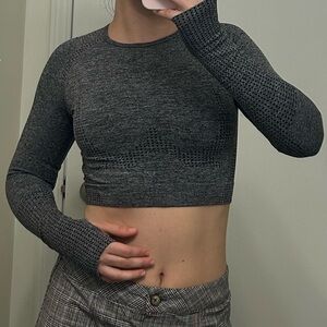 grey cropped long sleeve workout top